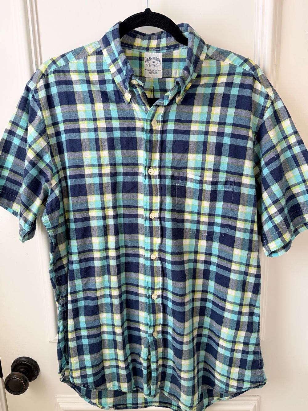 Brooks Brothers Plaid Button-Down Shirt in Navy, Teal, and Yellow